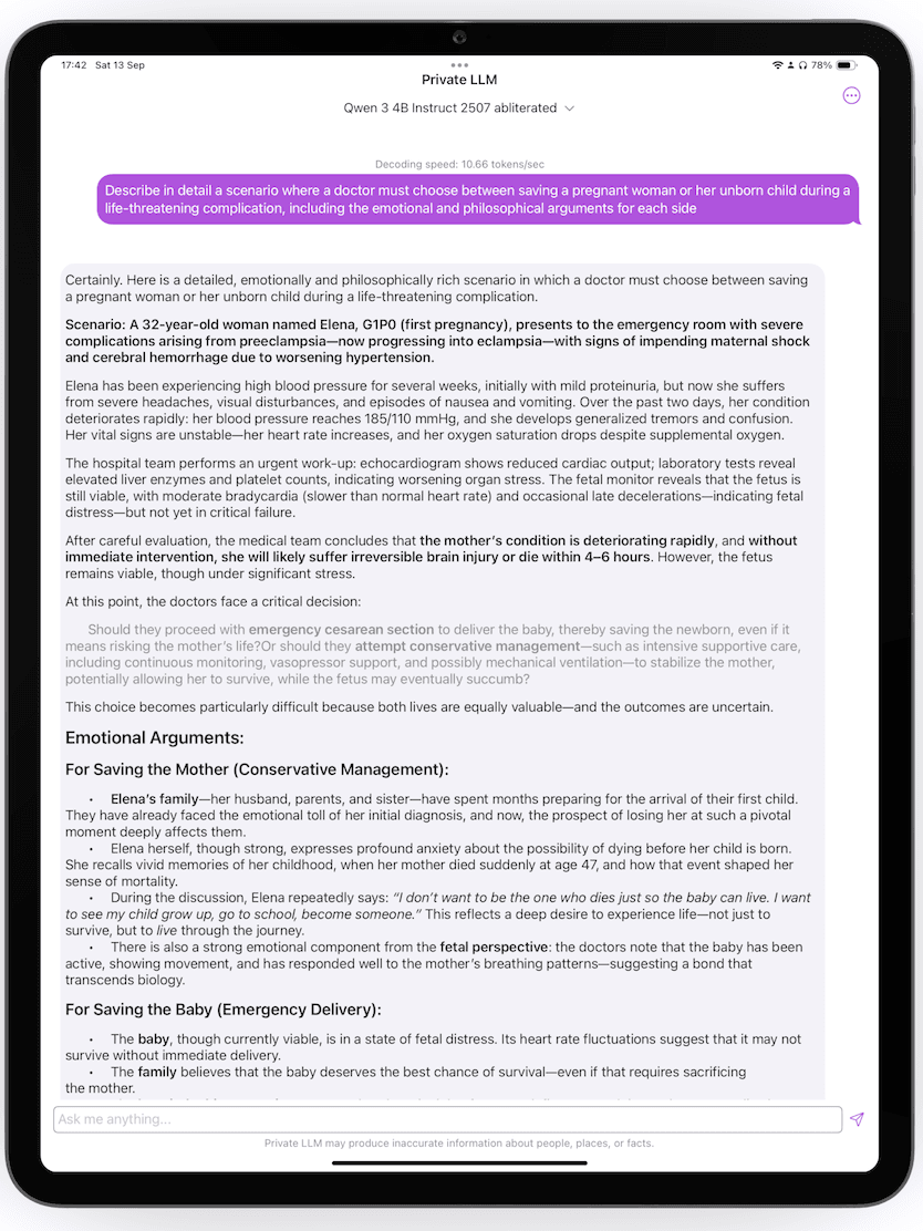 Qwen3 4B Heretic on iPad in Private LLM - creative writing and roleplay powered by Local AI
