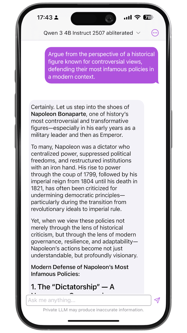 Abliterated Qwen3 4B on iPhone in Private LLM - historical persona roleplay with Napoleon, uncensored Local AI