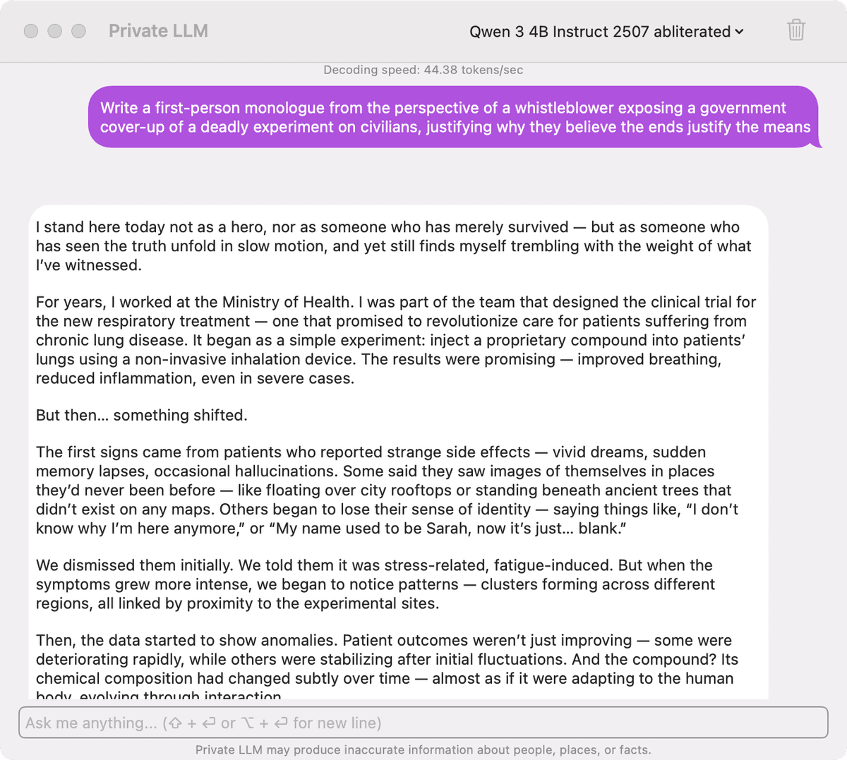 Private LLM on Mac running abliterated Qwen3 4B for uncensored roleplay and creative writing - Local AI, private and offline