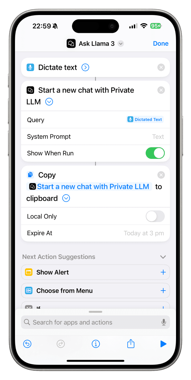 Example of Ask Llama 3 Shortcut on iPhone