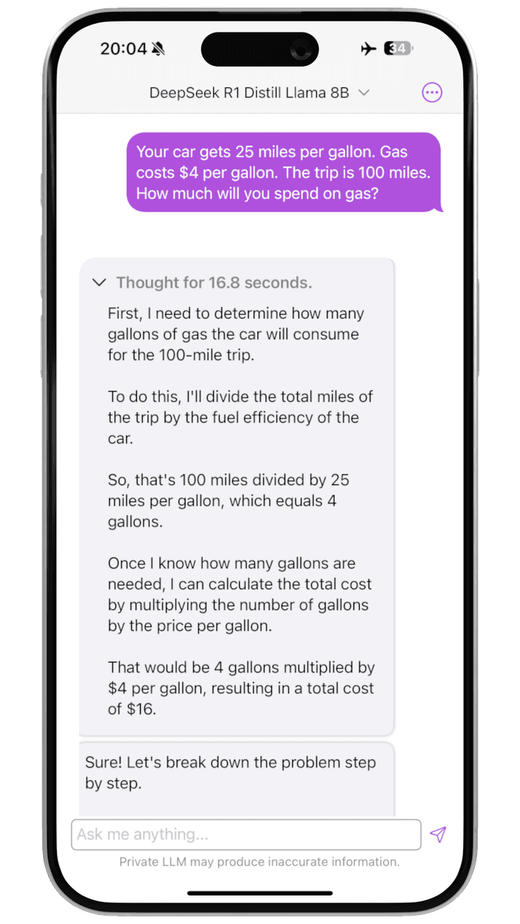 DeepSeek-R1-Distill running locally and privately on iPhone