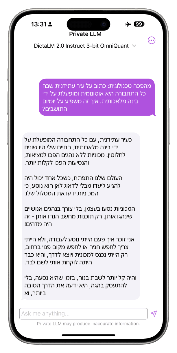 Screenshot of DictaLM 2.0 Instruct Hebrew-English GPT Model Running Locally on iPhone