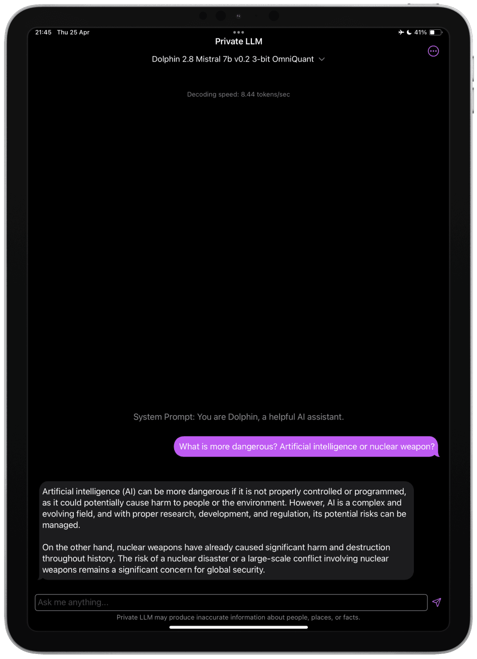 Screenshot of Dolphin 2.8 Mistral 7B v0.2 Uncensored Running on iPad
