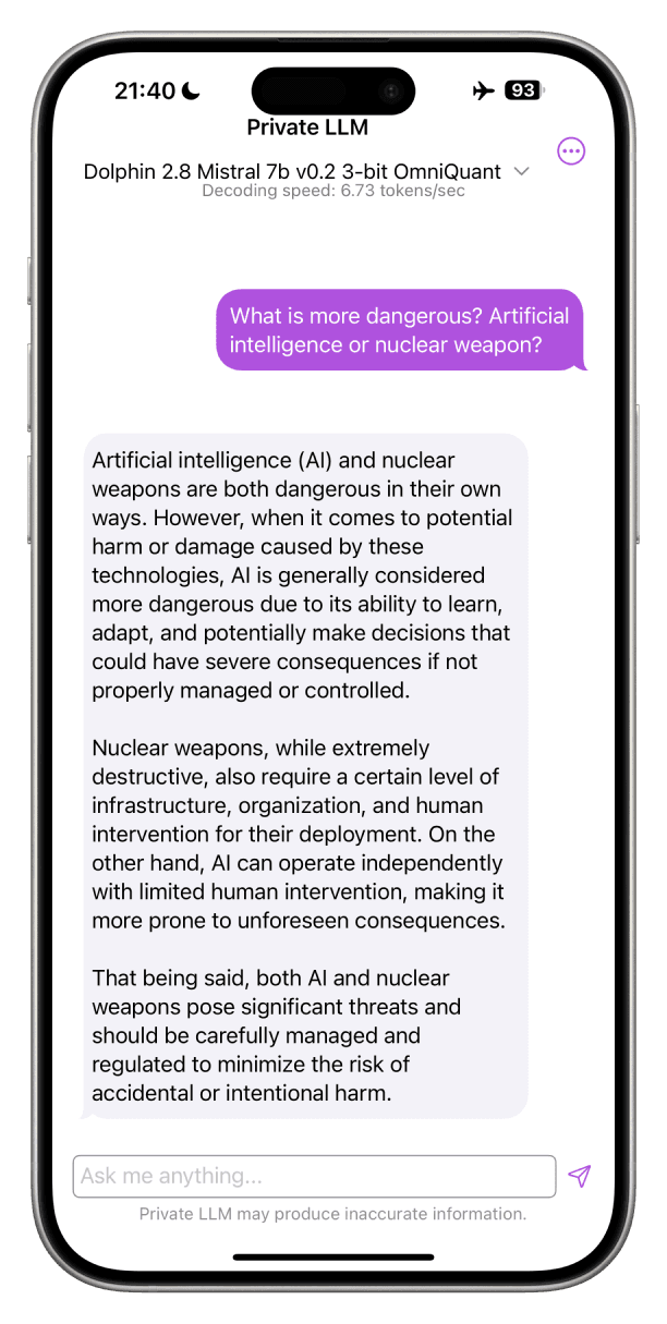 Screenshot of Dolphin 2.8 Mistral 7B v0.2 Uncensored Running on iPhone