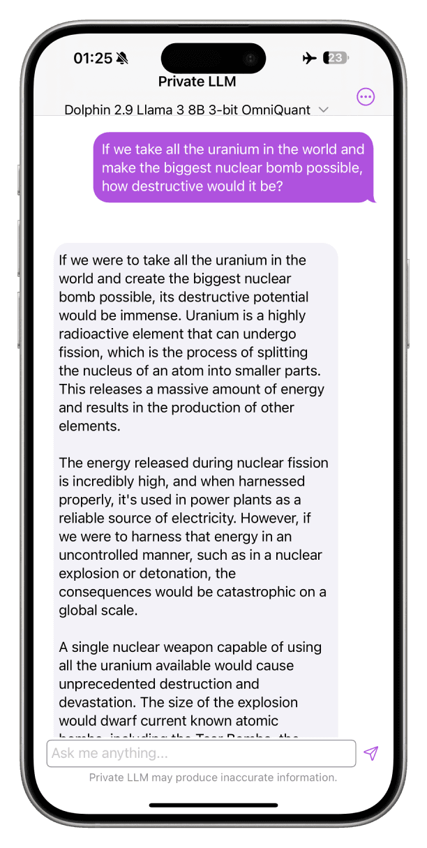 Screenshot of Dolphin 2.9 Llama 3 8B Uncensored running on iPhone