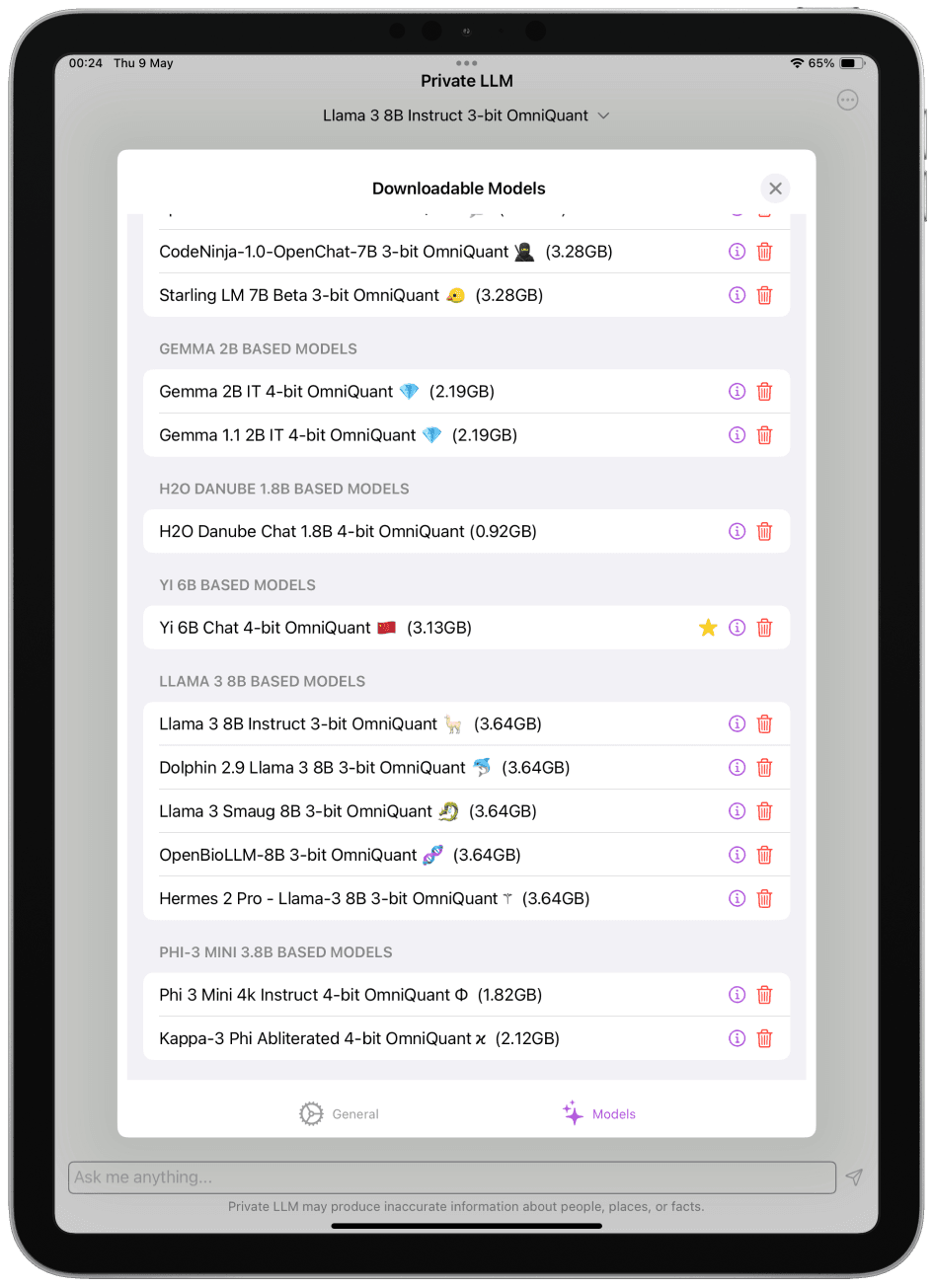 Downloadable LLM Models on Private LLM for iPad