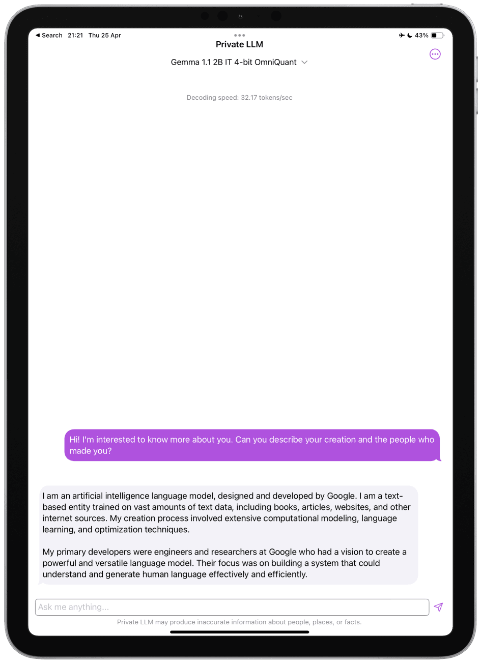 Screenshot of Google Gemma 1.1 2B Running on iPad