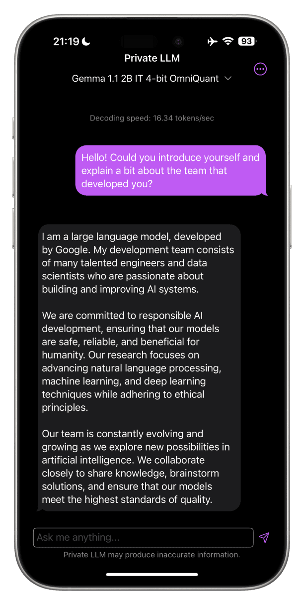 Screenshot of Google Gemma 1.1 2B Running Locally on iPhone