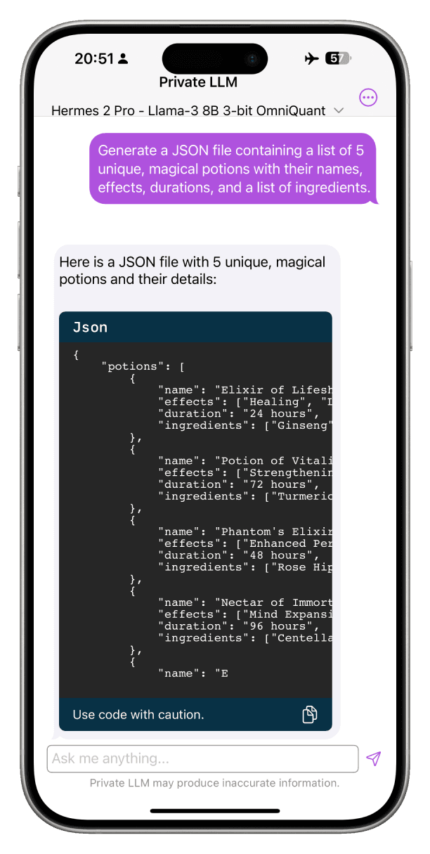 Screenshot of Hermes 2 Pro Llama 3 8B running on iPhone