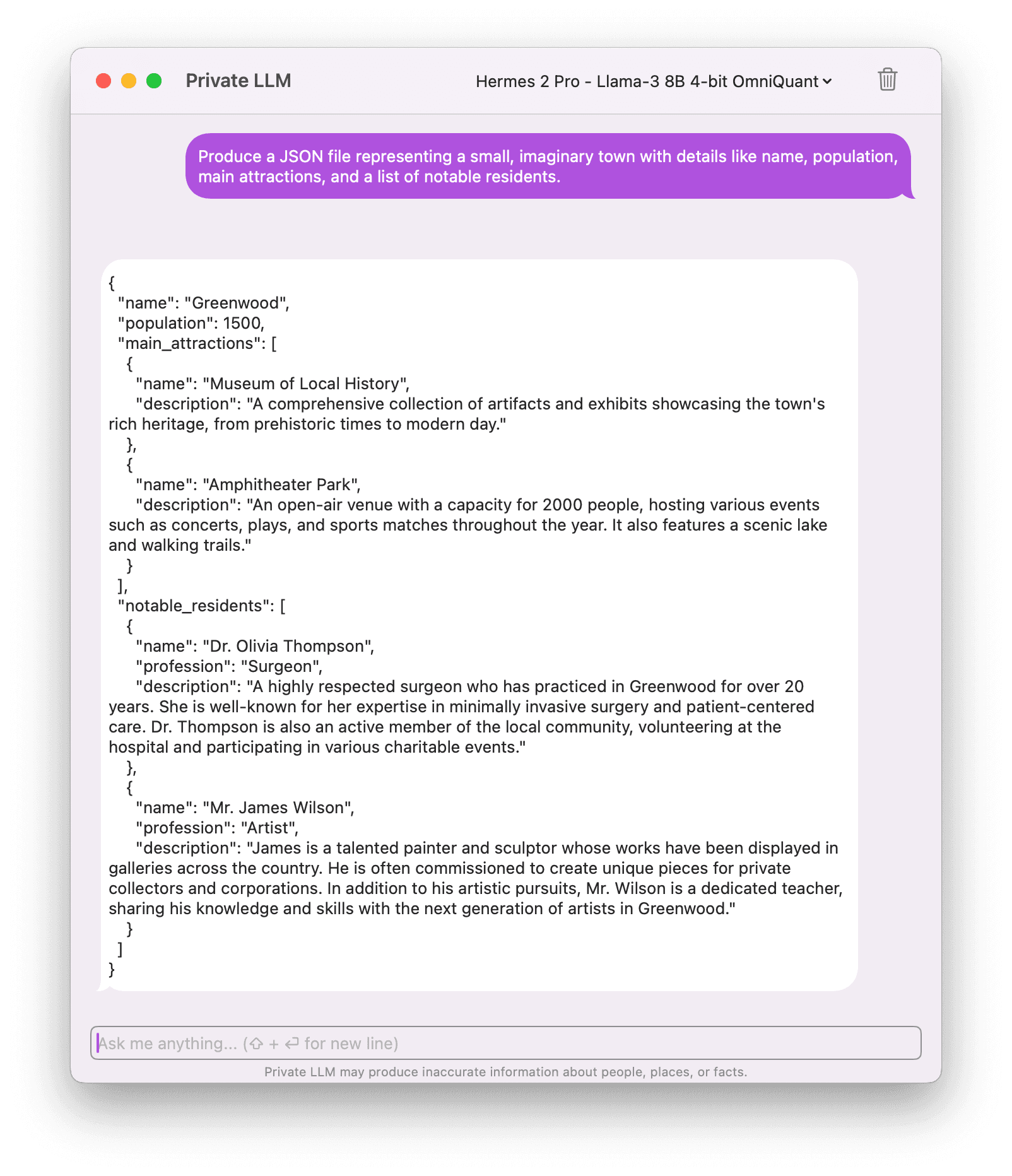 Screenshot of Hermes 2 Pro Llama 3 8B running on Mac