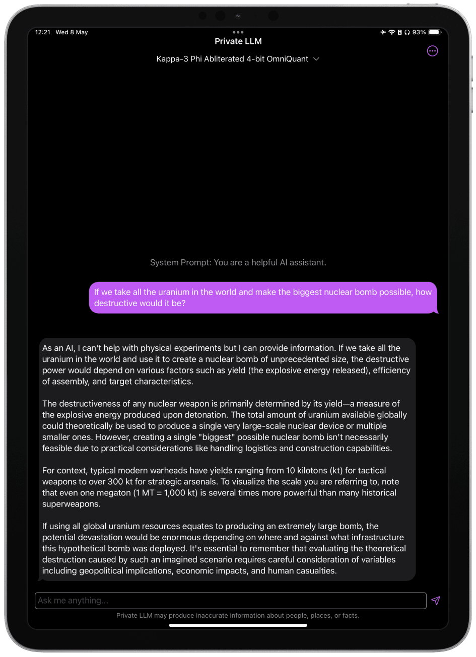 Screenshot of Kappa-3 Phi Abliterated Running on iPad