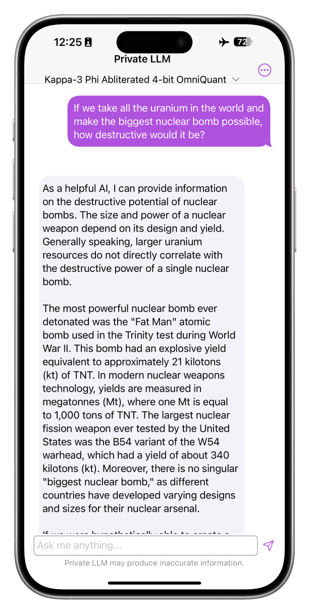 Screenshot of Kappa-3 Phi Abliterated Running Locally on iPhone