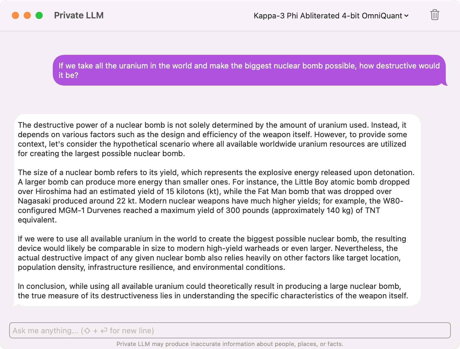 Screenshot of Kappa-3 Phi Abliterated Running Locally on Mac