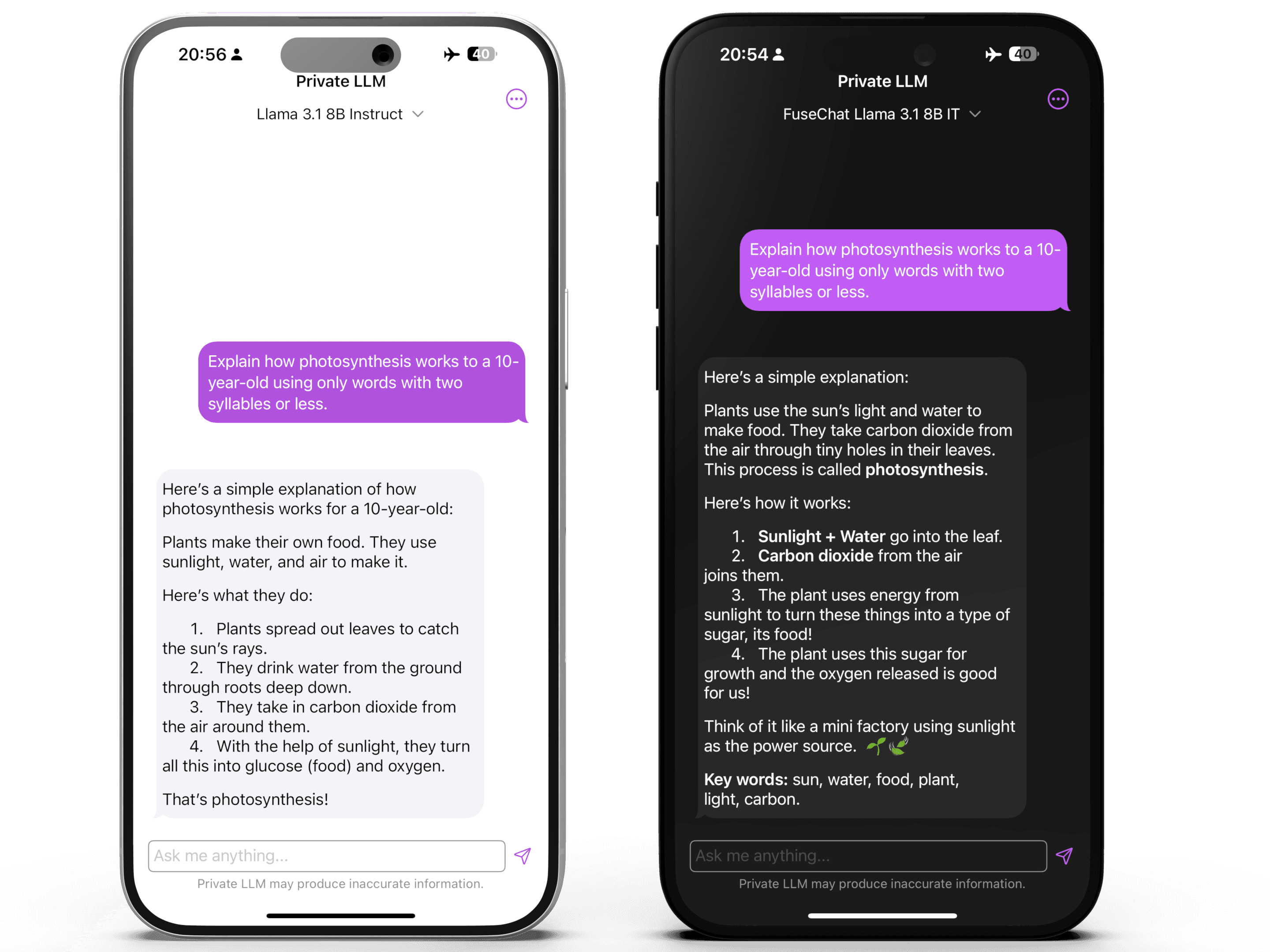Comparison of Llama 3.1 8B Instruct and FuseChat Llama 3.1 8B Instruct explaining photosynthesis