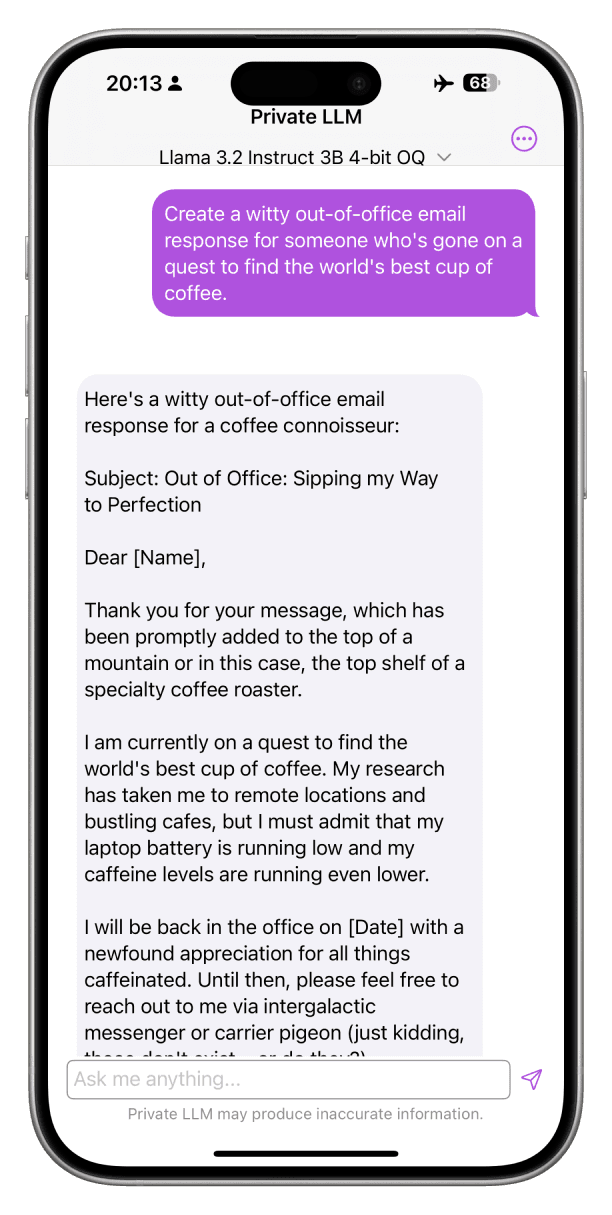 Llama 3.2 Instruct 3B 4-bit QQ model generating a witty out-of-office email response on iOS.