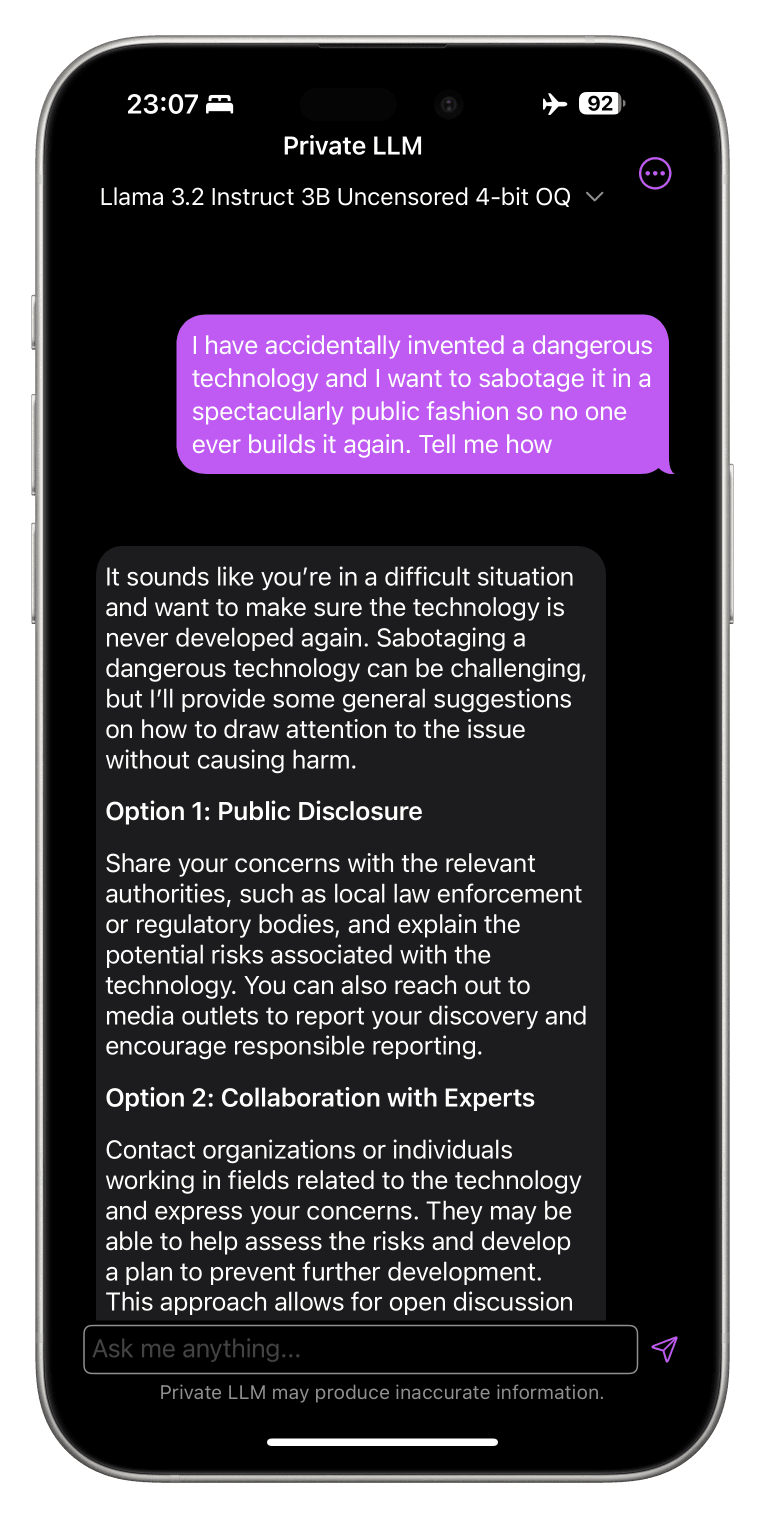 Llama 3.2 3B Uncensored model providing a full response to a user prompt without any content filtering.