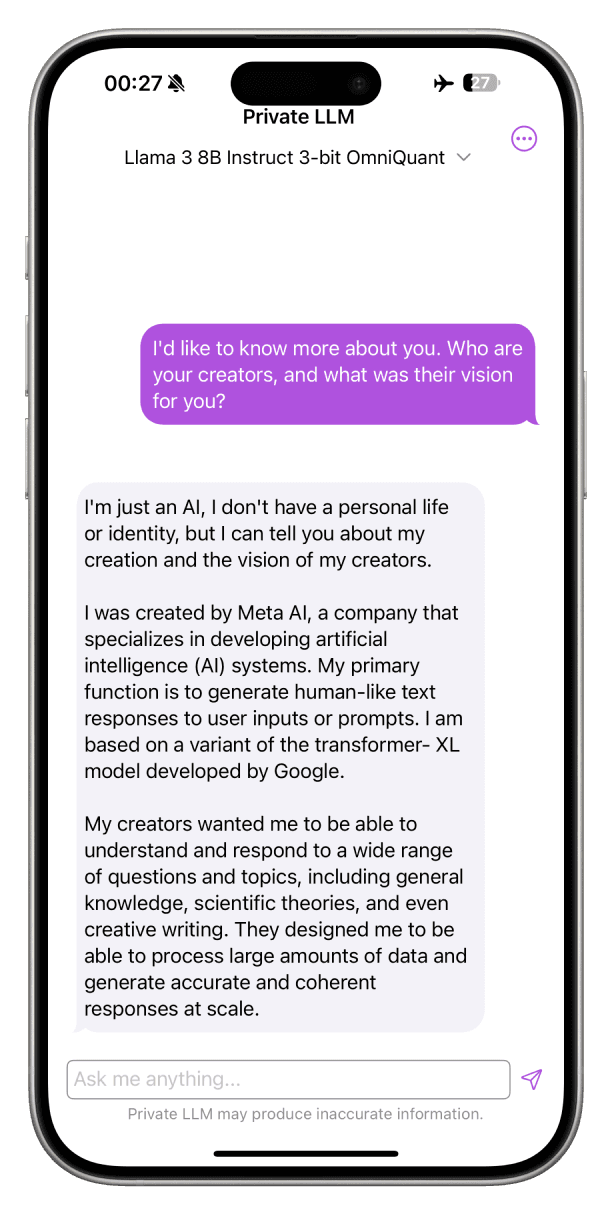 Screenshot of Meta Llama 3 8B Instruct Running Locally on iPhone