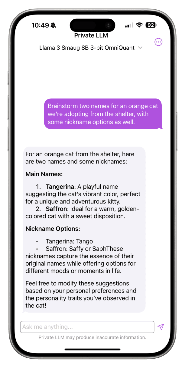 Screenshot of Llama 3 Smaug 8B Running Locally on iPhone