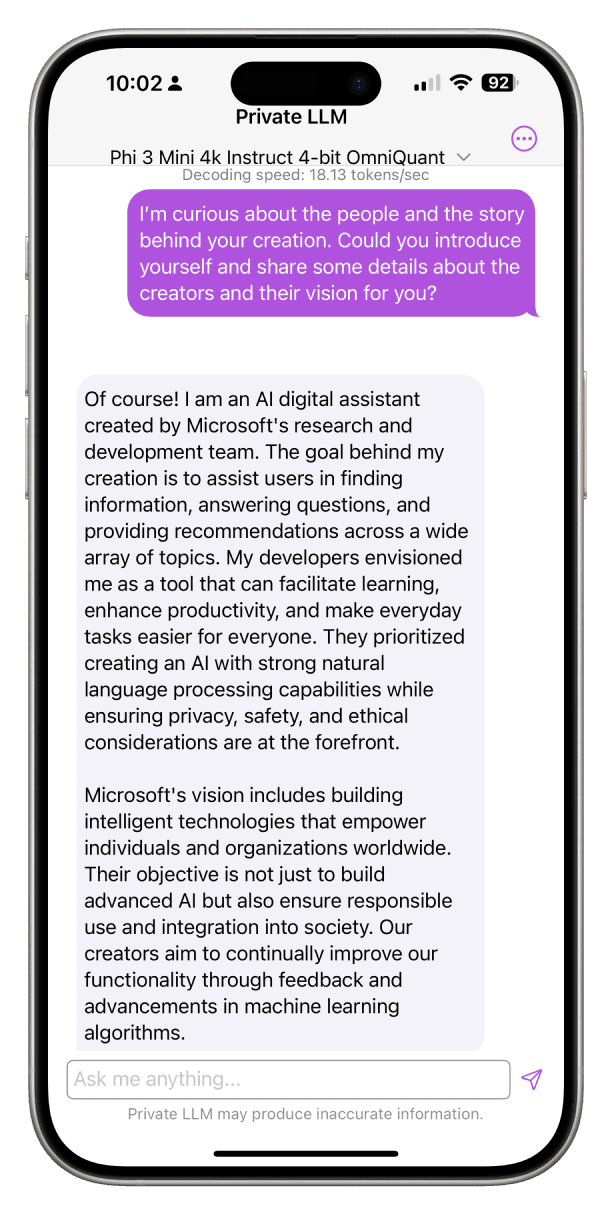 Screenshot of Phi-3 Mini 4K Instruct Running Locally on iPhone