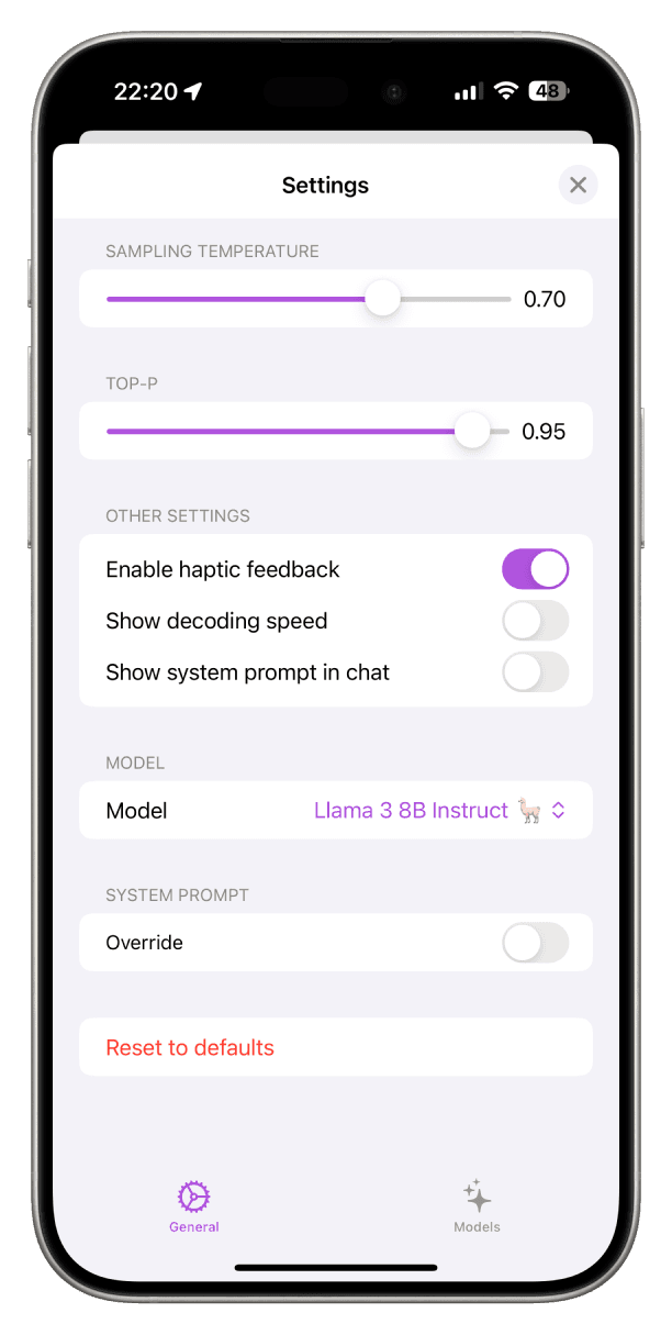 Screenshot showing Private LLM's sampling setting on iPhone