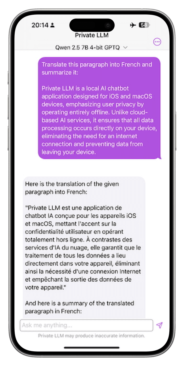 Private LLM with Qwen 2.5 7B on iPhone, translating a paragraph into French and providing a summary of the translation.