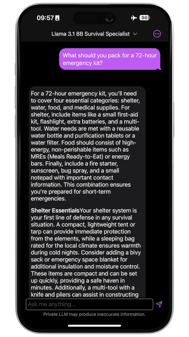 Screenshot of Survival AI answering a 72-hour emergency kit question on iPhone 15 Pro using Meta Llama 3.1 8B SurviveV3 in Private LLM