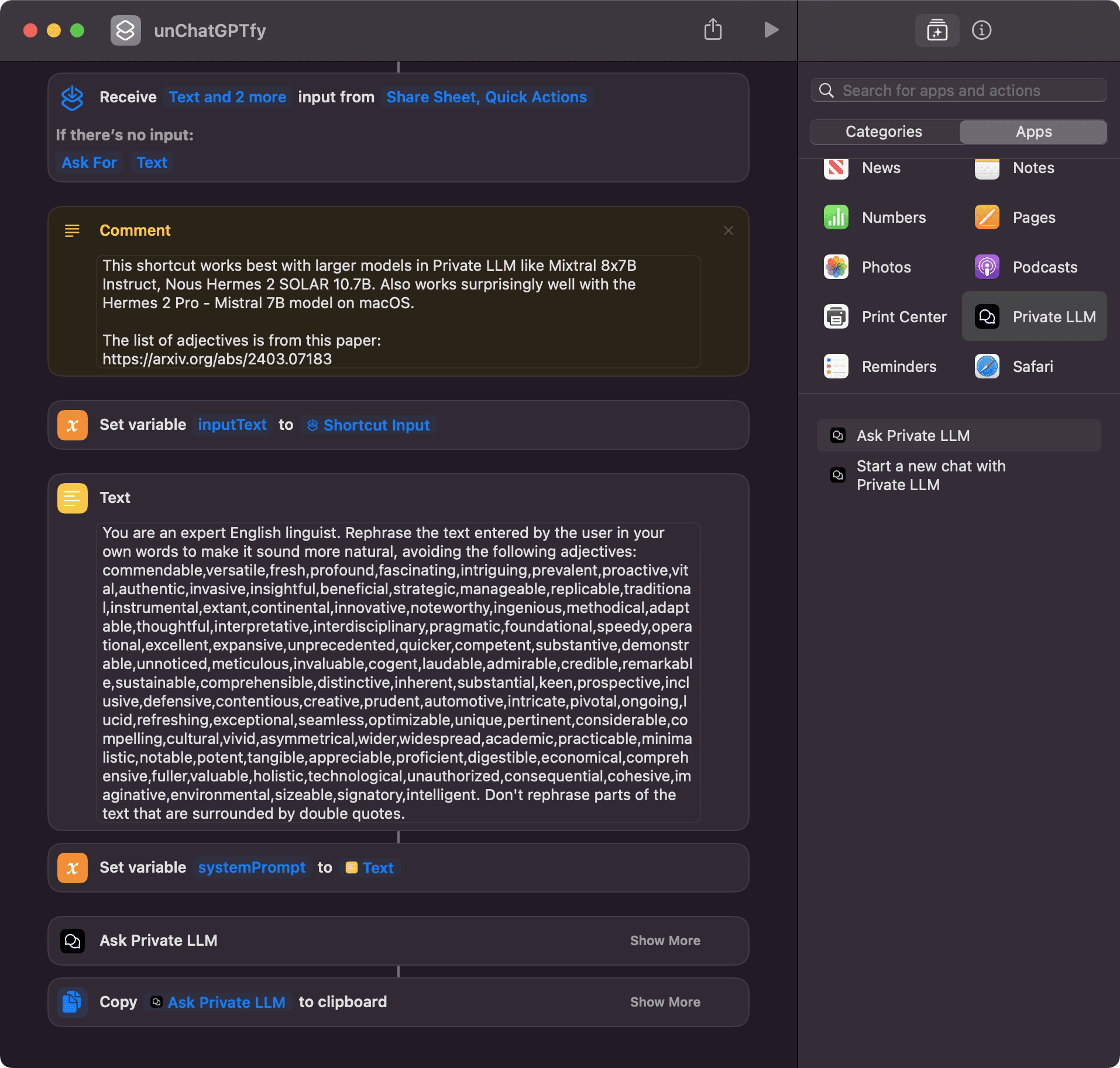 Screenshot of Shortcuts called unChatGPTfy created using Private LLM
