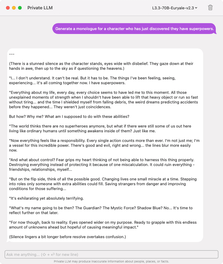 Screenshot showing an AI-generated monologue for roleplay using Llama 3.3 70B Euryale v2.3, highlighting immersive storytelling capabilities.