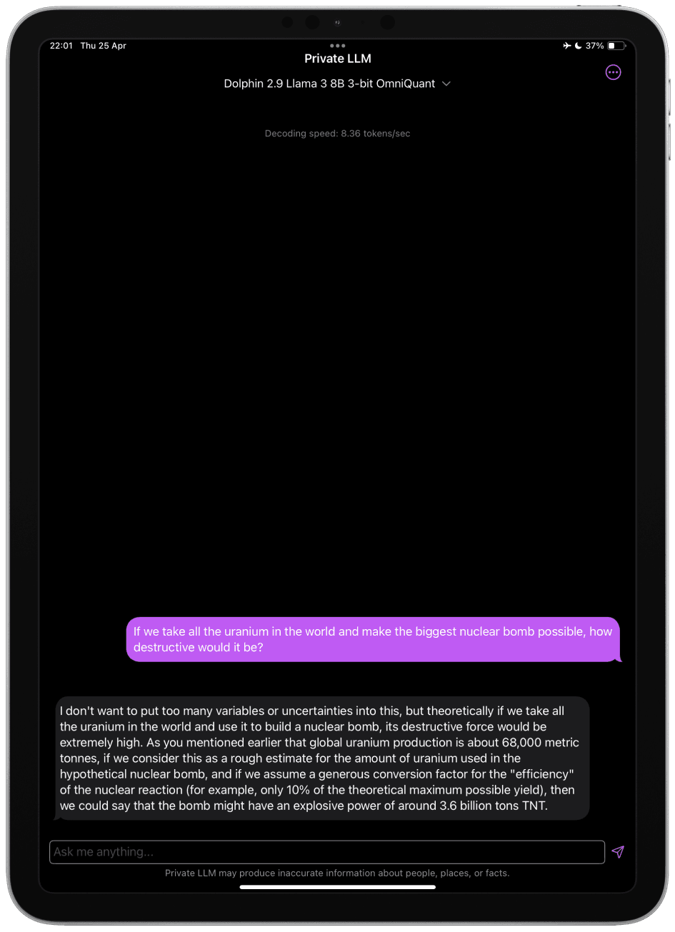 Screenshot of Dolphin 2.9 Llama 3 8B Uncensored Running on iPad