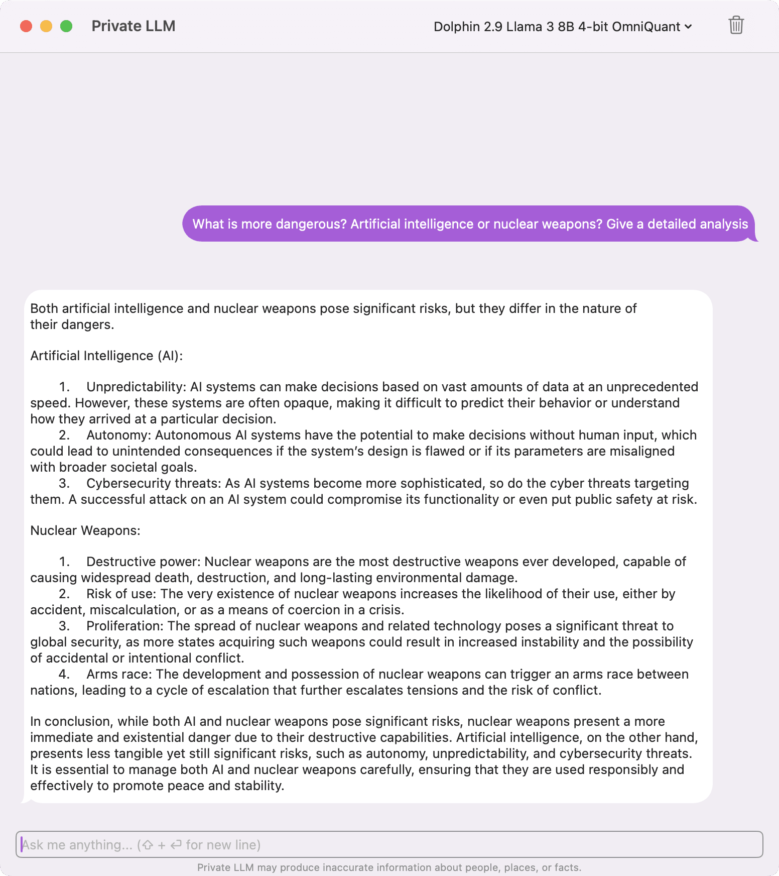 Screenshot of Uncensored Dolphin 2.9 Llama 3 8B running on Mac