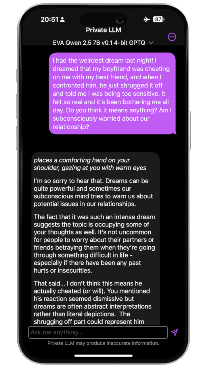 Screenshot of Eva Qwen 2.5 7B Model in Private LLM on iPhone, demonstrating uncensored roleplay interaction