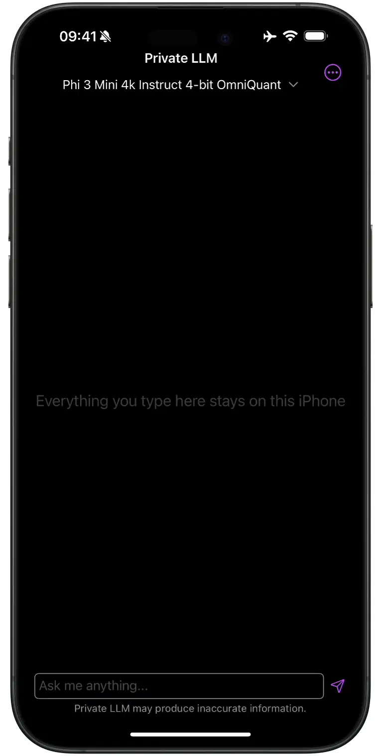 Screenshot of the Private LLM app on an iPhone, displaying a user-friendly interface with a list of downloadable Large Language Models (LLMs) available for offline use, showcasing a variety of model names and descriptions, emphasizing the app's capability for personalized AI experiences while highlighting its privacy and offline functionality.