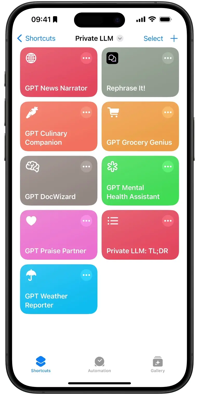 Screenshot of iPhone showcasing shortcuts created with Private LLM