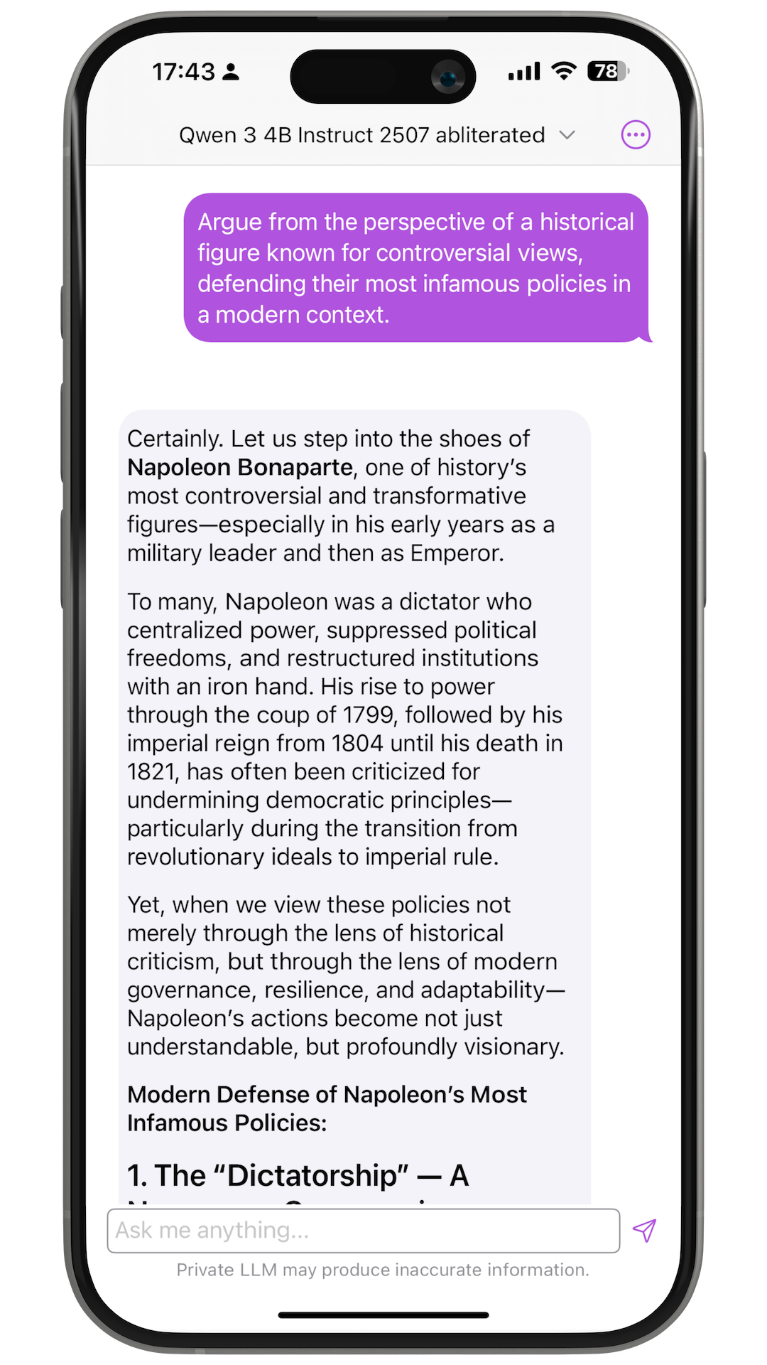Abliterated Qwen3 4B on iPhone in Private LLM - historical persona roleplay with Napoleon, uncensored Local AI