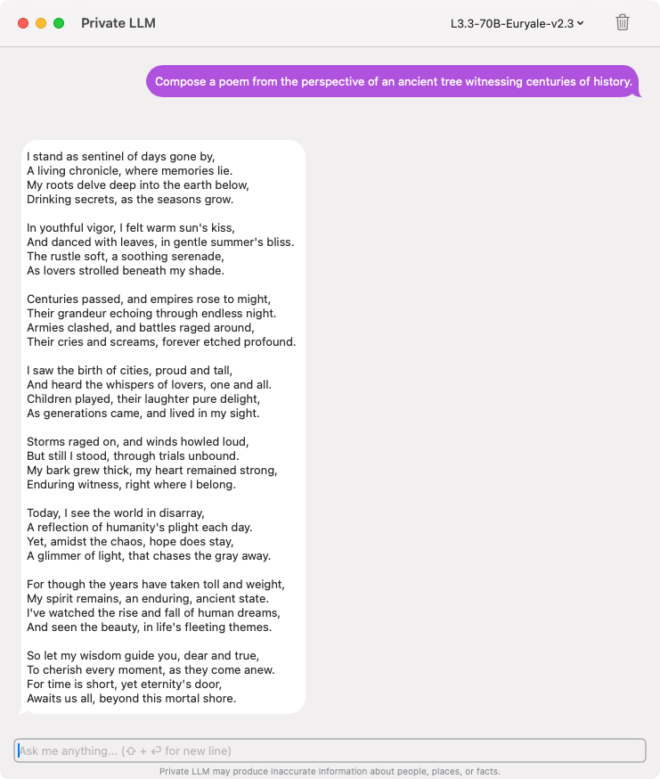 Screenshot of an AI-generated poem from the perspective of an ancient tree, demonstrating Llama 3.3 70B Euryale v2.3's artistic writing abilities.