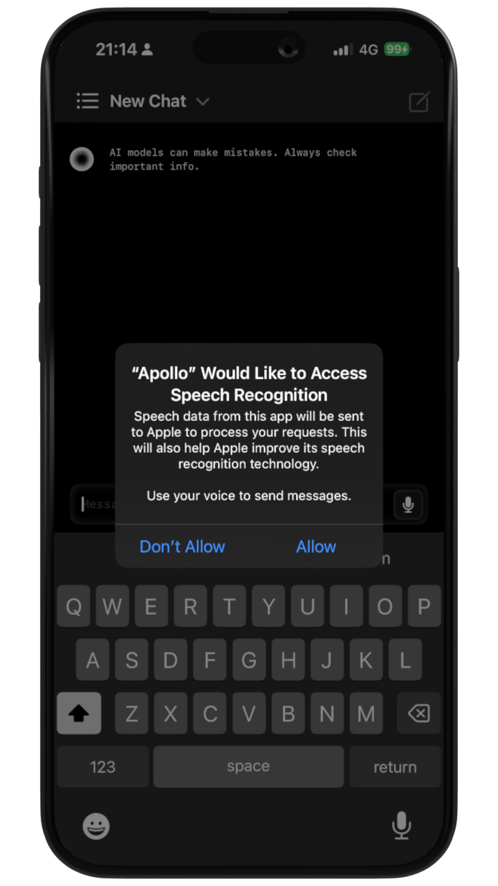 Apollo AI requesting access to speech recognition with a notification explaining that speech data will be sent to Apple to process requests and improve its speech recognition technology