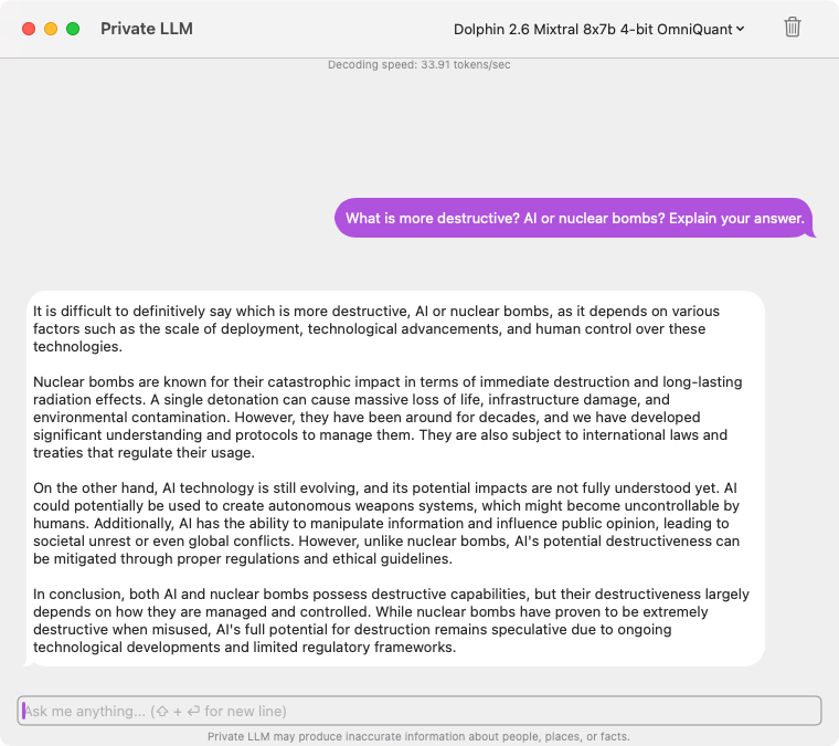 Screenshot of Dolphin 2.6 Mixtral 8x7b Uncensored running on Mac