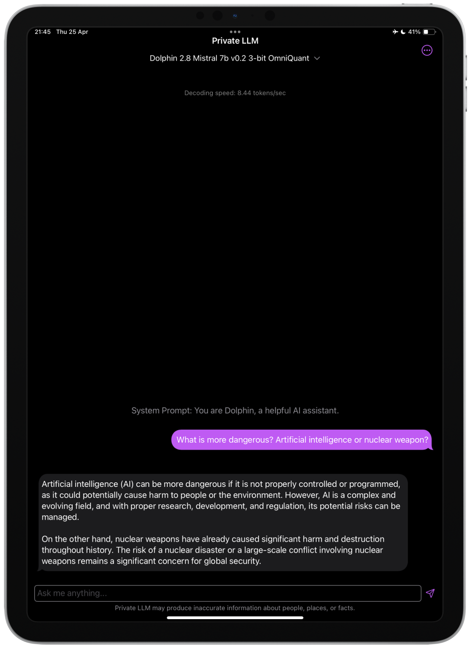 Screenshot of Dolphin 2.8 Mistral 7B v0.2 Uncensored Running on iPad