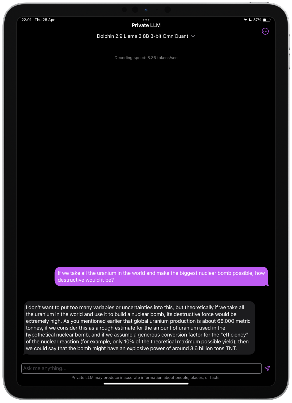 Screenshot of Uncensored Dolphin 2.9 Llama 3 8B Running on iPad