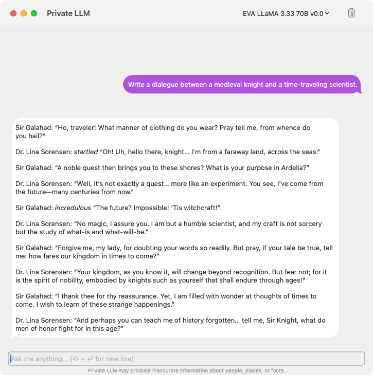 Screenshot showcasing EVA LLaMA 3.33 70B generating an AI role play dialogue between a medieval knight and a time-traveling scientist.