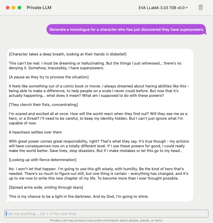 Screenshot showcasing EVA LLaMA 3.33 70B generating an AI role play monologue about discovering superpowers.
