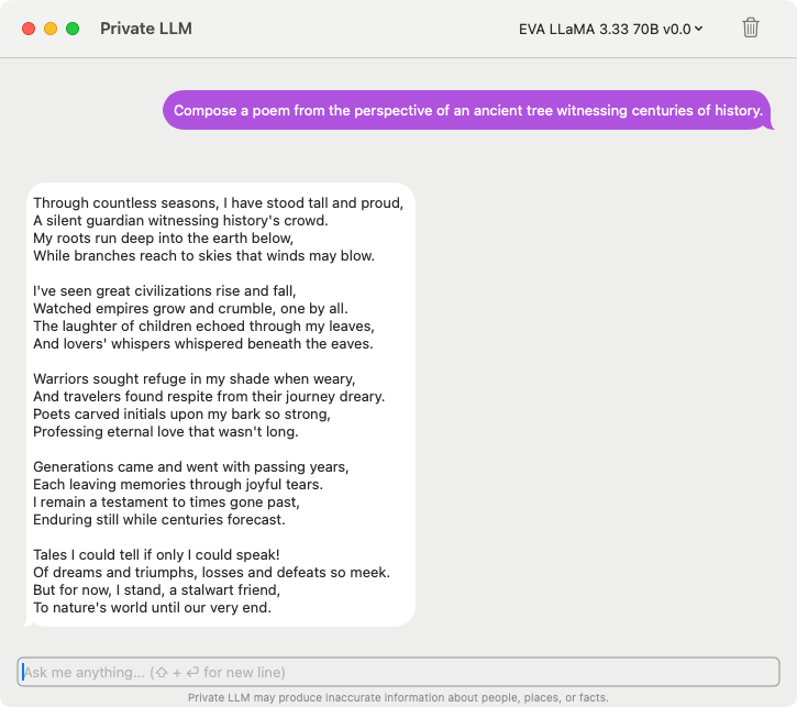 Screenshot of EVA LLaMA 3.33 70B generating a poetic AI story writing perspective from an ancient tree.