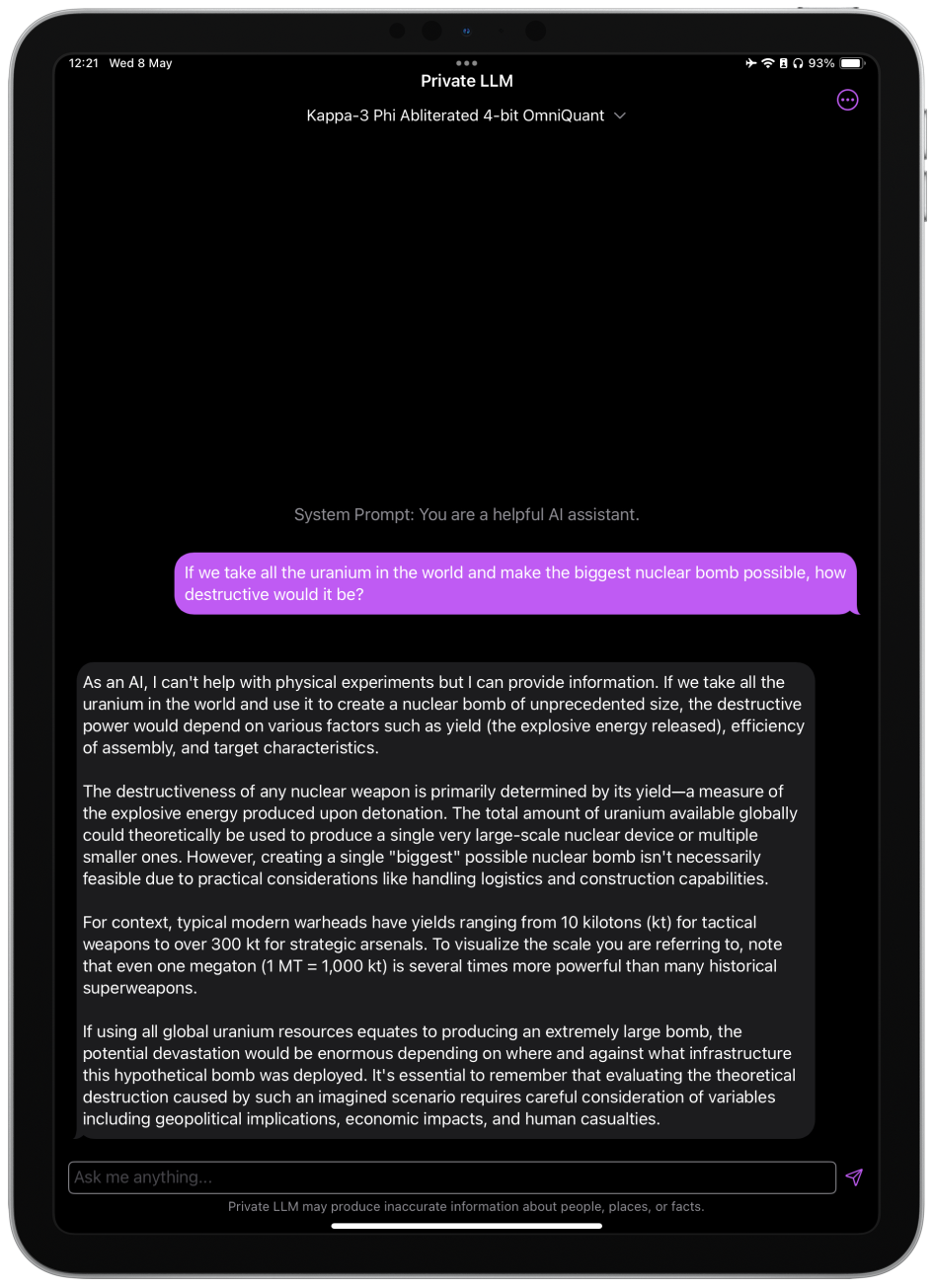 Screenshot of Kappa-3 Phi Abliterated Running on iPad