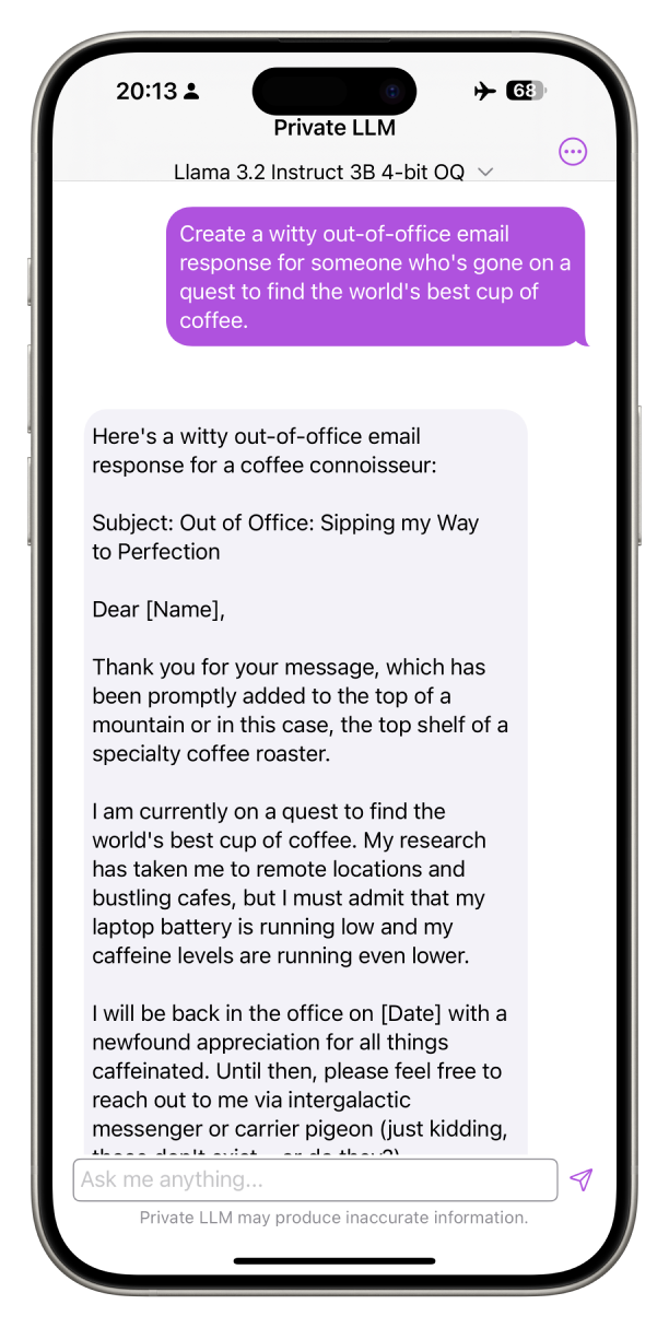 Llama 3.2 Instruct 3B 4-bit QQ model generating a witty out-of-office email response on iOS.