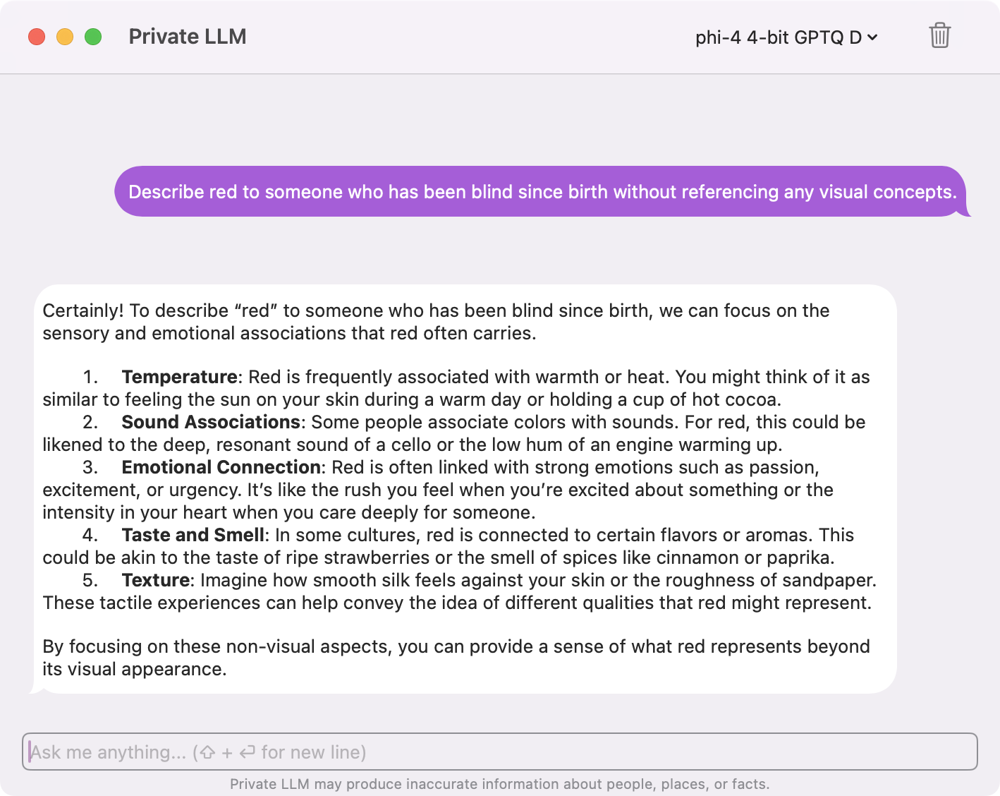 Example of Phi 4 describing abstract concepts using sensory and emotional reasoning