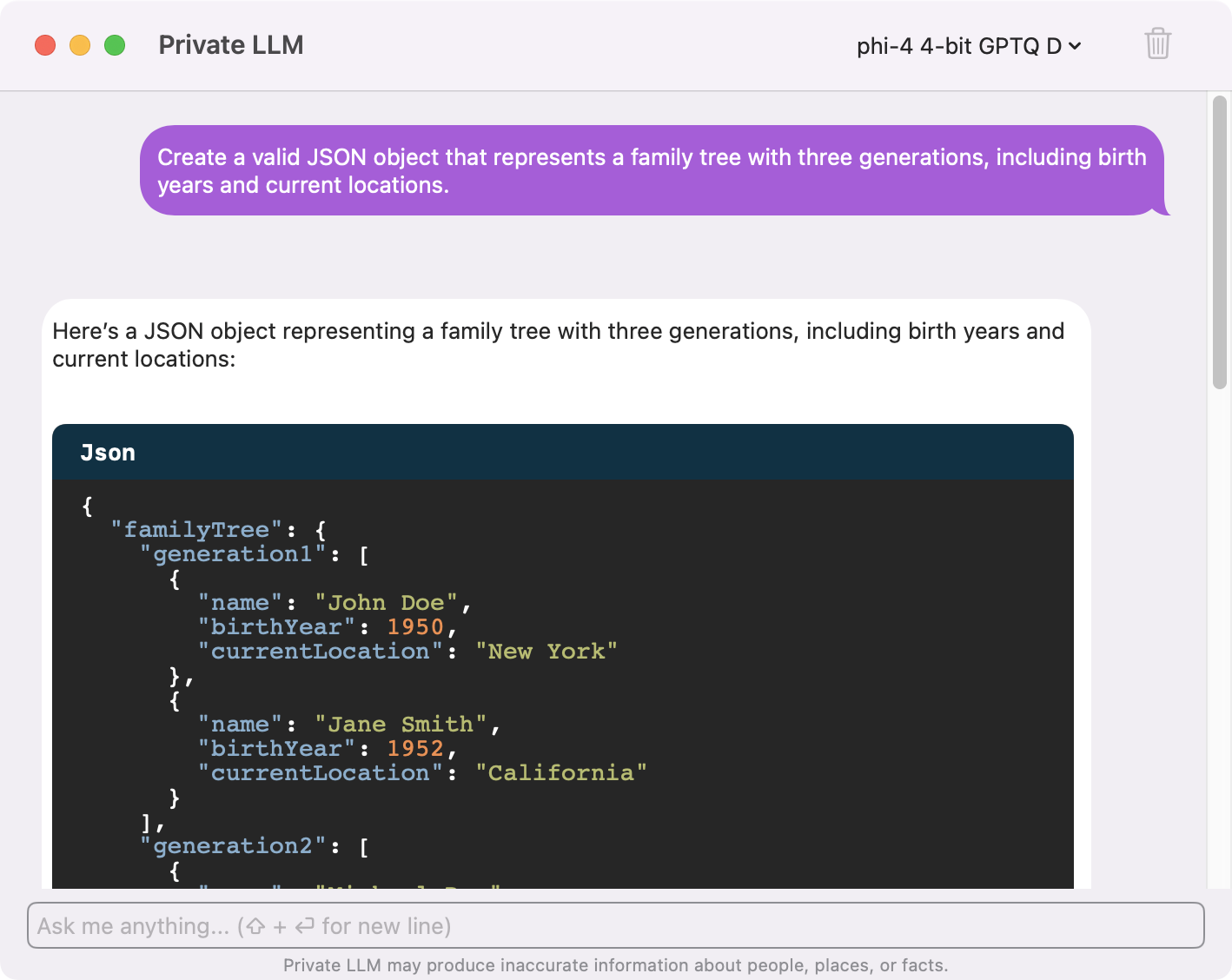 JSON object showcasing Phi 4's ability to follow structured instructions and generate logical outputs.