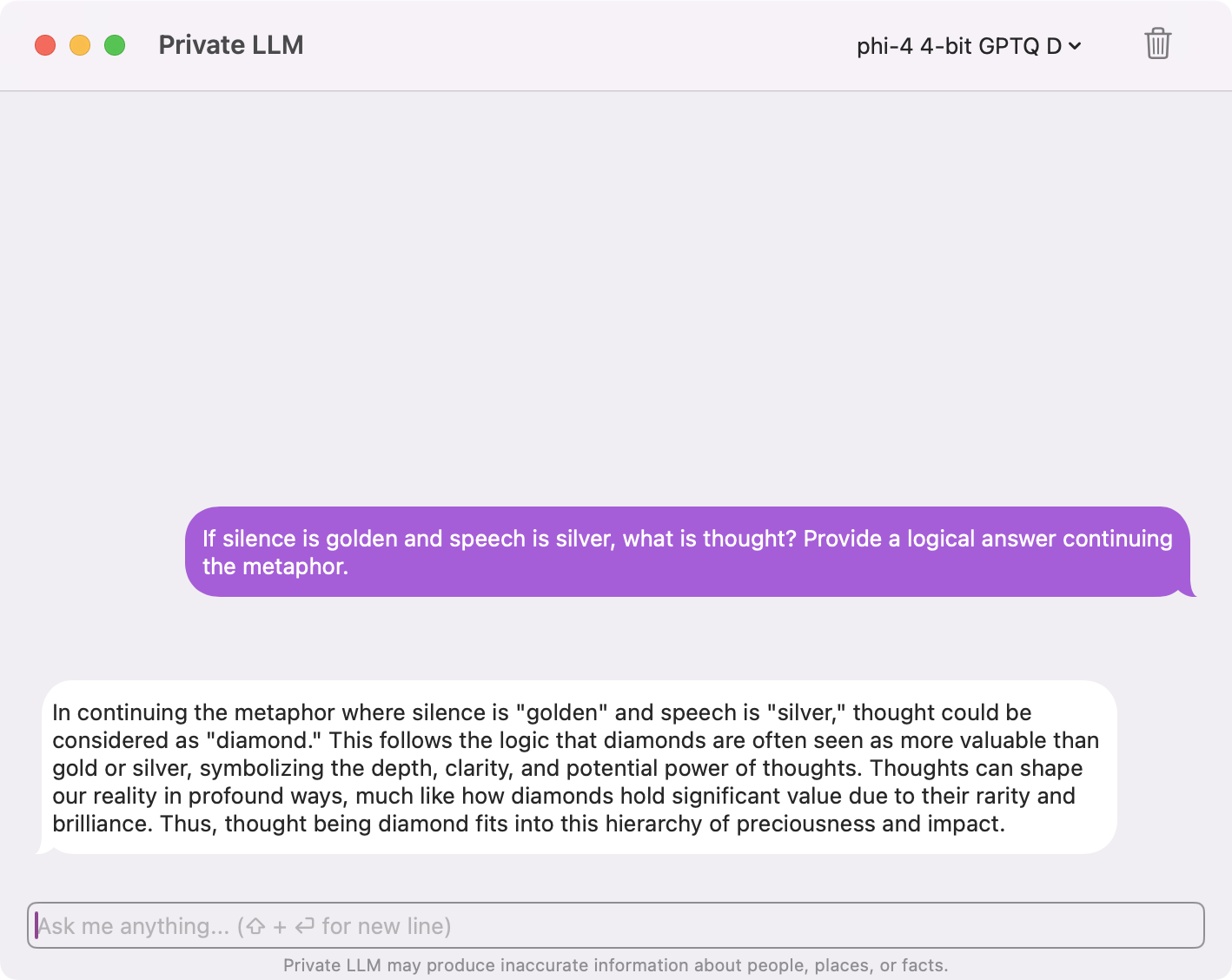 Metaphorical reasoning example generated by Phi 4, illustrating its advanced problem-solving and logical thinking.