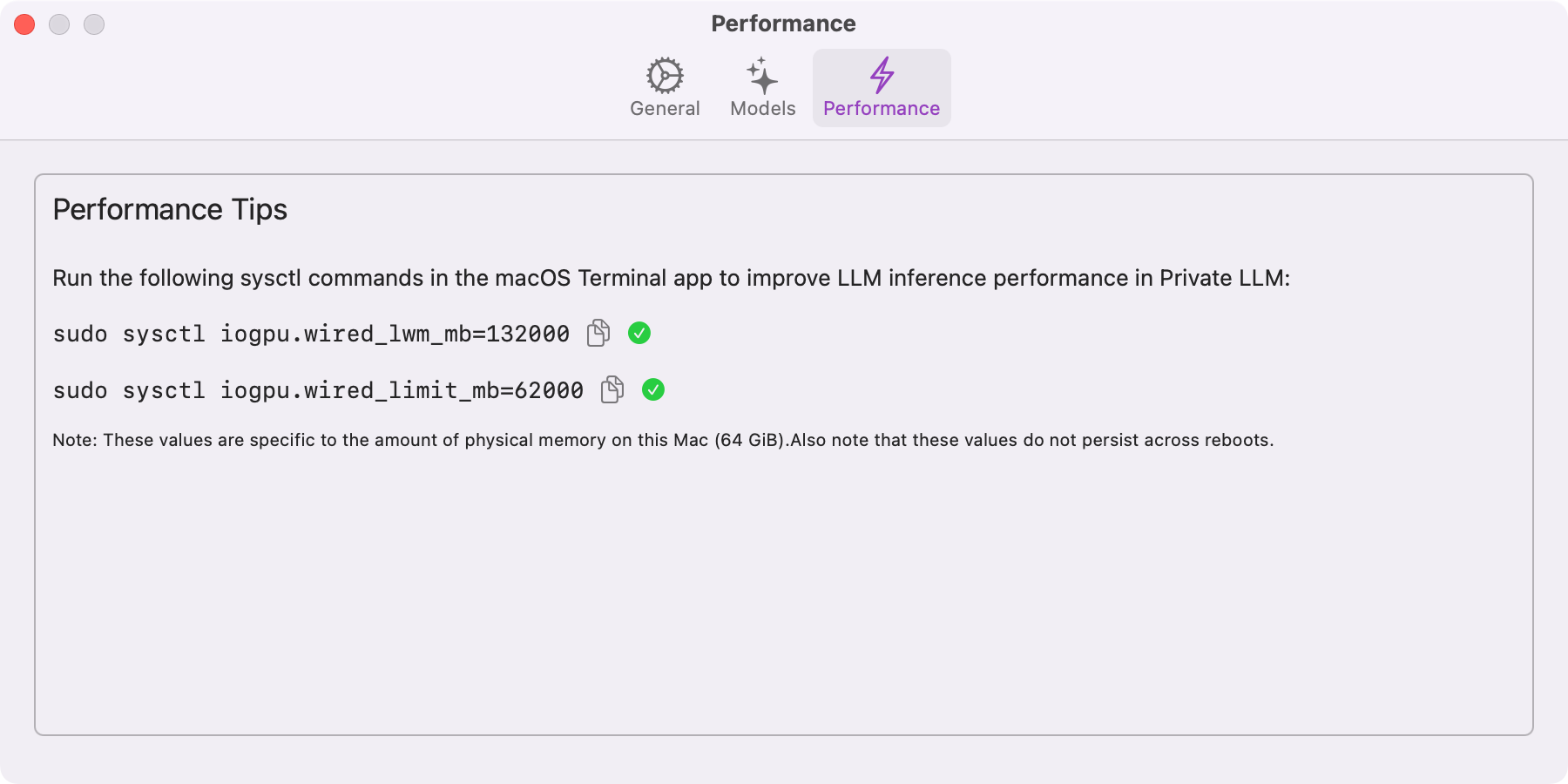 Performance section of Private LLM for Mac showing system optimization tips for improving LLM inference performance by running sysctl commands to adjust GPU memory allocation. Includes a note that values are specific to the device and do not persist across reboots.