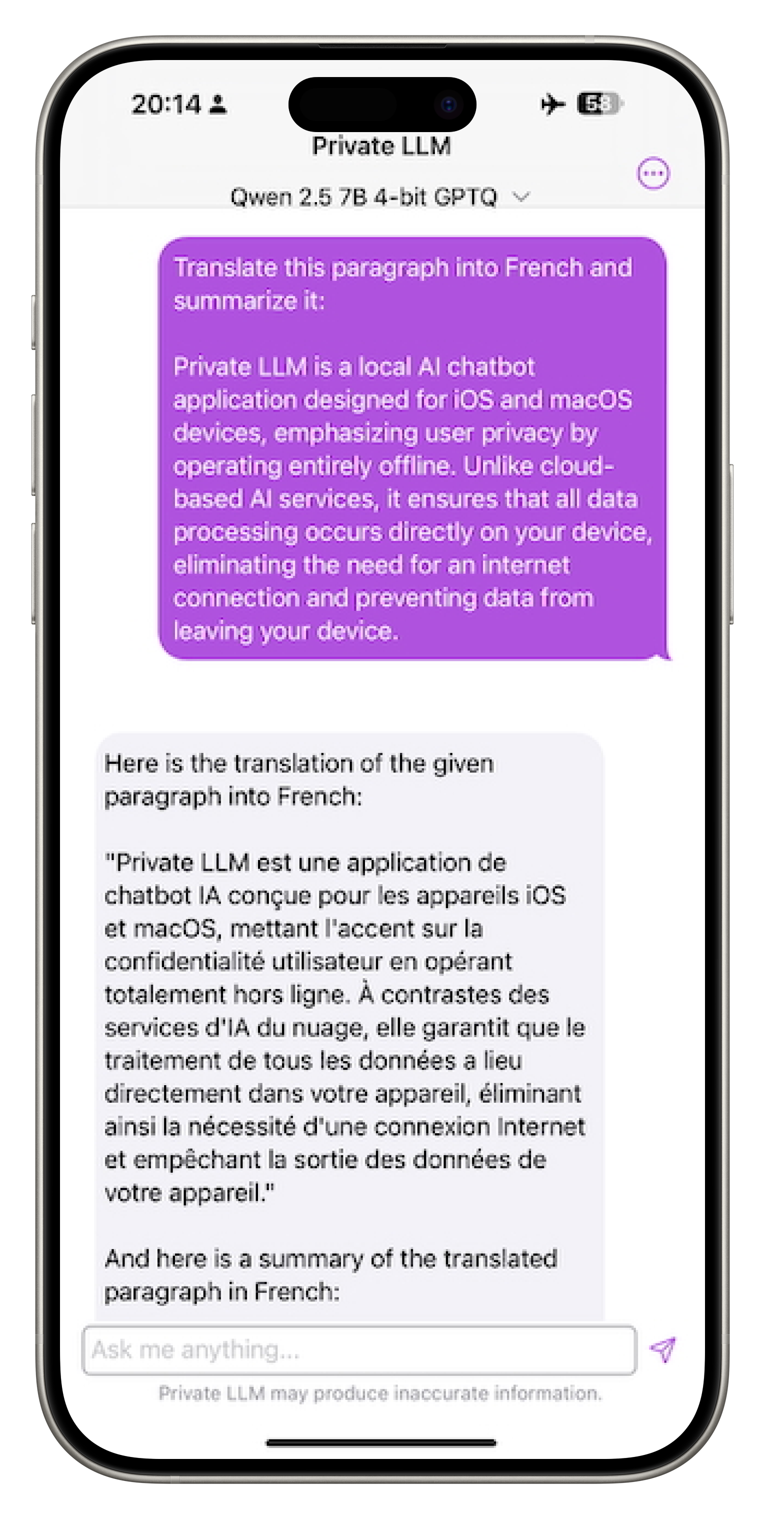 Private LLM with Qwen 2.5 7B on iPhone, translating a paragraph into French and providing a summary of the translation.