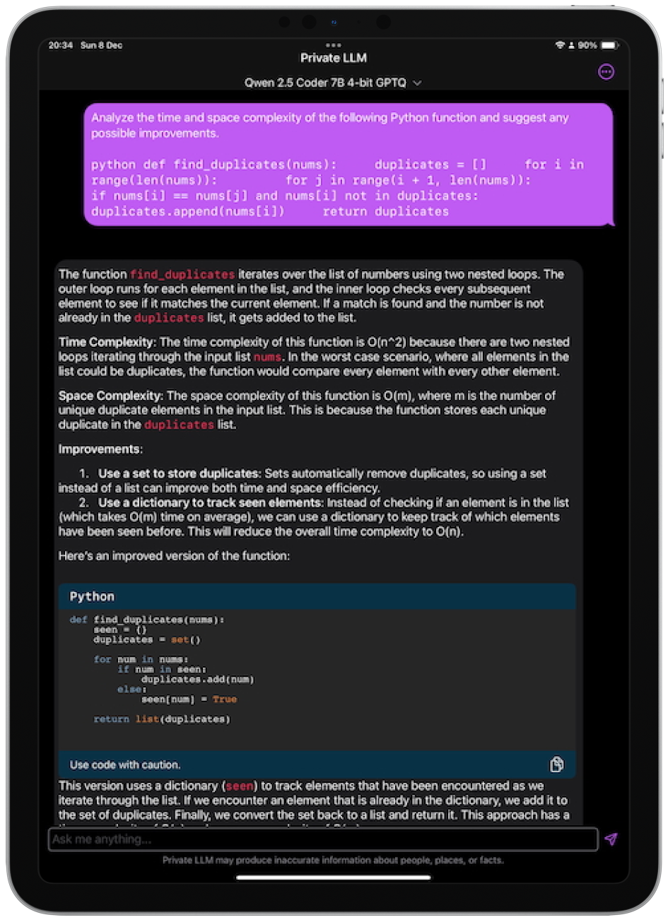 Private LLM with Qwen 2.5 Coder 7B on iPad, analyzing time and space complexity of a Python function and suggesting improvements.